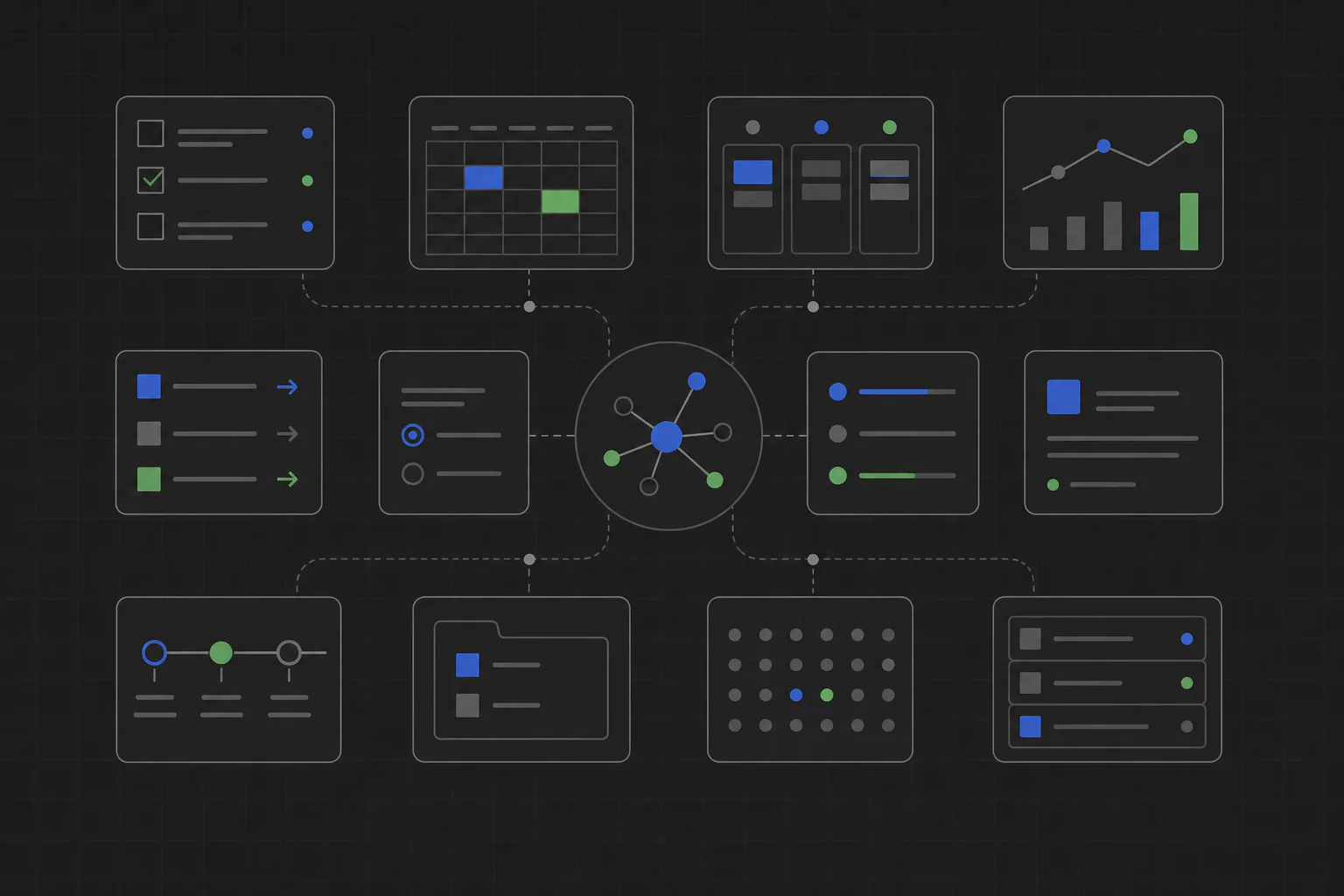 Twelve modular internal-tool interfaces connected around a central workflow.